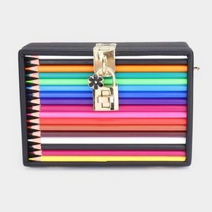 MultiColored Black Leather and Color Pencils Bag
